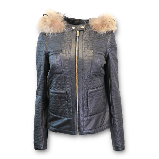 Bally Lederjacke schwarz m. Pelzkragen Gr. 36