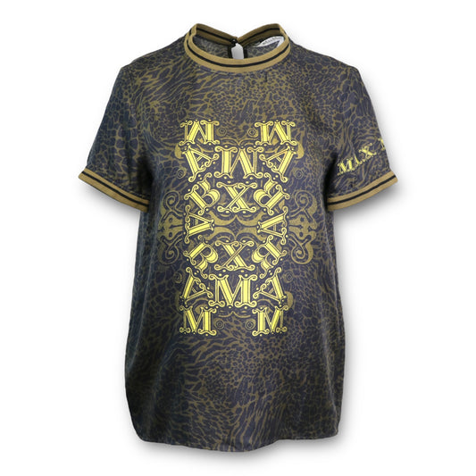 Max Mara Kurzarm Seide khaki gemustert Gr. 38