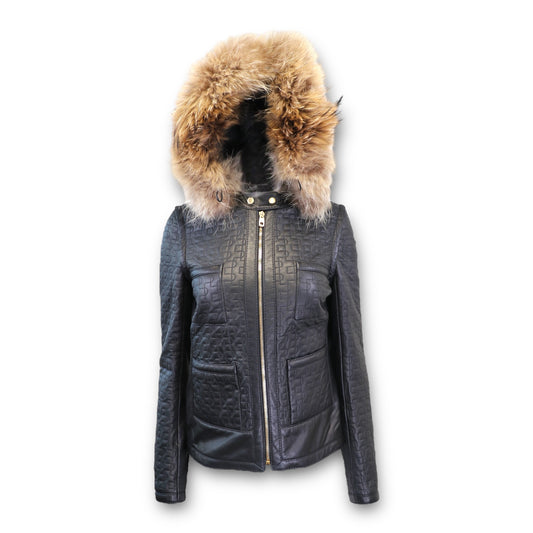 Bally Lederjacke schwarz m. Pelzkragen Gr. 36