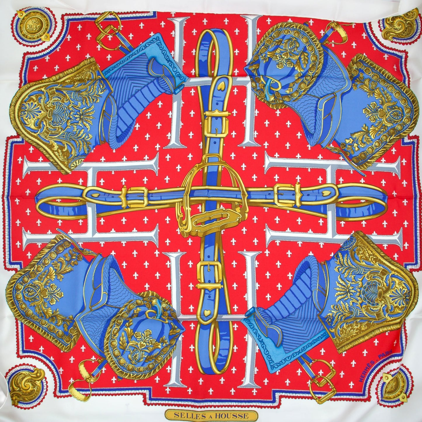 Hermès Carré "Selles à Housse" weiss/rot